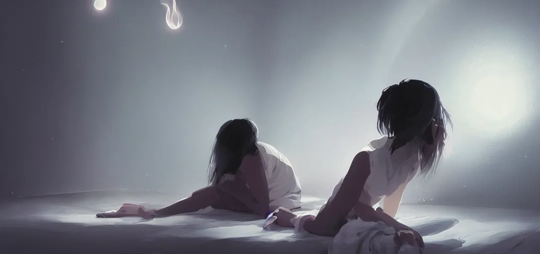 Image similar to Young Himalayan woman concerned in an empty room using psychic powers to make a lighter float| night time scene, plain walls |somber white eyes, long messy hair | gentle lighting, futuristic, dim lighting, digital art by Makoto Shinkai ilya kuvshinov and Wojtek Fus, digital art, concept art,