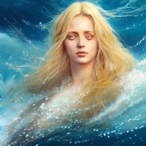 Image similar to beautiful portrait of a mystical blonde haired goddess of the sea wearing long blue gold water robes rising up from the deep blue waves, oil painting by Greg Rutkowski and Charlie Bowater and Artgerm, unreal 5, DAZ, RPG Portrait, trending on artstation, dynamic lighting, misty, ocean, blue theme, afternoon light