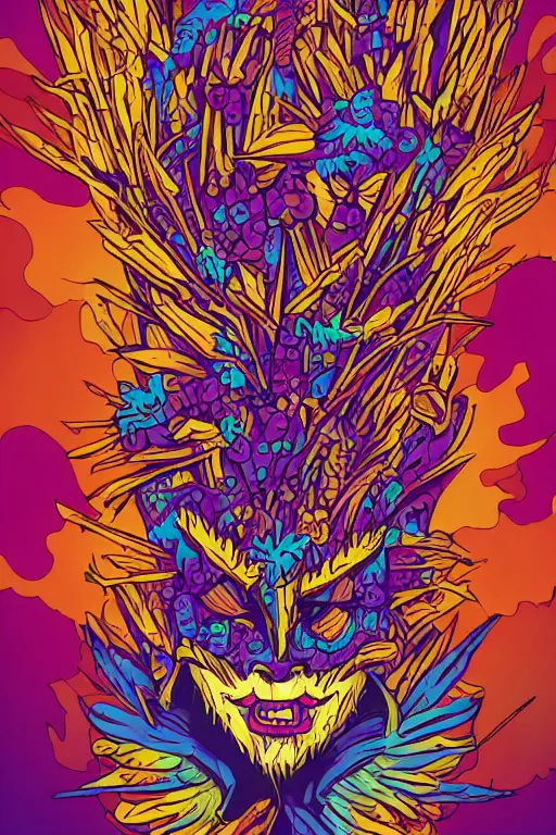 Image similar to animal mask totem roots flower tribal feather gemstone plant wood rock shaman vodoo video game vector cutout illustration vivid multicolor borderlands comics by josan gonzales and dan mumford radiating a glowing aura