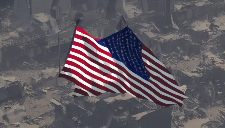 Prompt: us flag on pole flying in the wind in destroyed washington dc city, sunny day, hyperdetailed, artstation, cgsociety, 8 k