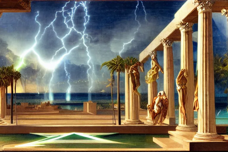 Prompt: mediterranean balustrade and columns, refracted lightnings on the ocean, thunderstorm, fountain, greek pool, beach and Tropical vegetation on the background major arcana sky and occult symbols, by paul delaroche, hyperrealistic 4k uhd, award-winning, very detailed paradise