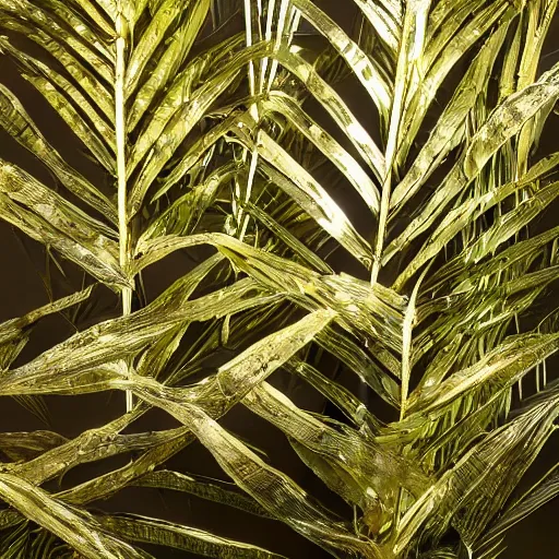 Image similar to an ultra high definition professional studio quality photograph of a ( ( ( ( ( ( transparent iridescent ) ) ) ) ) ) perspex pastel coloured jungle leaves on a plant in an empty white room. dramatic lighting, ray tracing, refraction, shallow d. o. f, colour corrected, golden ratio, three point light. volumetric shadows. god rays.