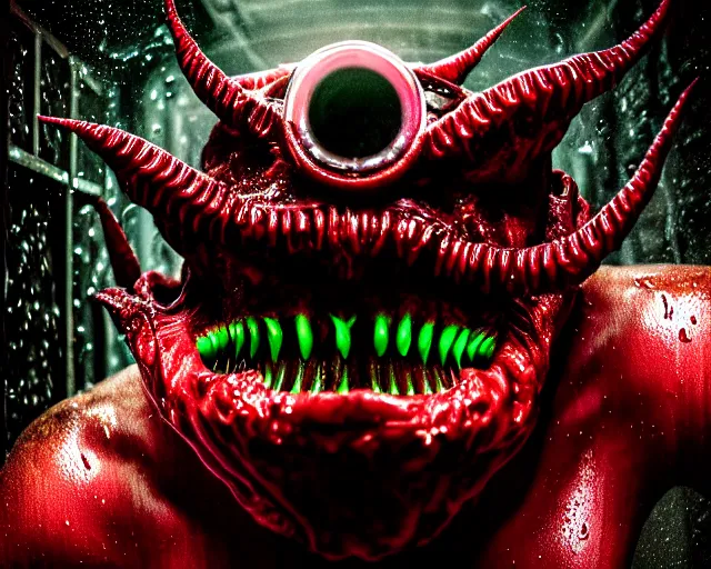 Image similar to realistic long textured tongue demon wet humanoid alien, smoke, mouth in mouth, large alien eyes, metallic reflective fangs dripping greenish acid saliva from teeth, thin red veins, intricate grey fish scales, ornate, cinematic light shadows, reflections, crawling in a wet sewer pipe, dim flashlight lighting, insanely detailed, fisheye lens