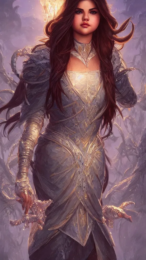 Image similar to Selena Gomez casting an frost spell, D&D, fantasy, intricate, elegant, highly detailed, digital painting, artstation, concept art, matte, sharp focus, illustration, hearthstone, art by Artgerm and Greg Rutkowski and Alphonse Mucha