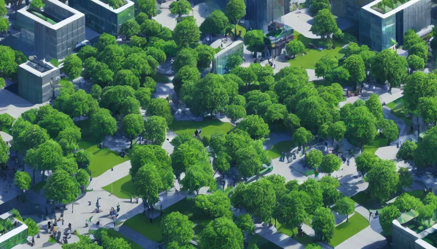 Prompt: crowded green square with trees and fountain surrounded by humongous blue shiny buildings, sunny day, volumetric light, wide view, hyperdetailed, artstation, cgsociety, 8 k