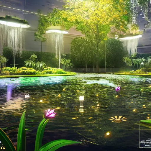 Prompt: ultra detailed photorealistic the mechanical flower in the pond,, cinematic light, sci fi, glossy, cybernetic machines, wires, robotics, futuristic decor, trending on artstation, global illumination, ultra realistic illustration, matte painting, high detailed, unreal engine, octane render, 4 k, hd, high quality