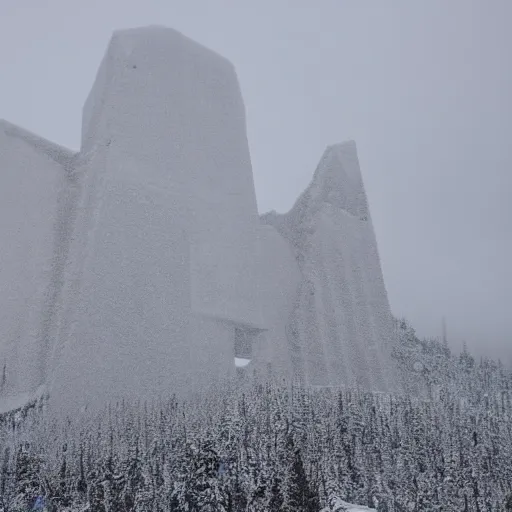 Prompt: a monolithic cathedral on a snowcapped mountain in the artic. grainy, snowing, overcast sky.