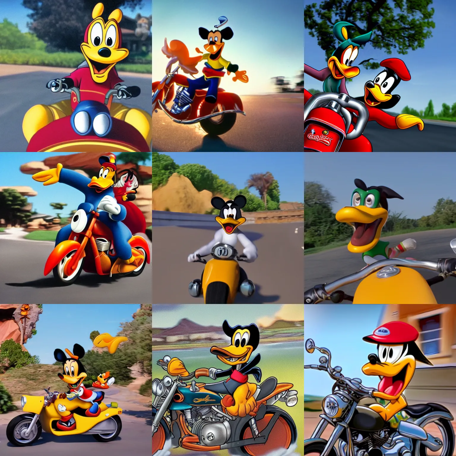 Prompt: A photorealistic image of Goofy riding a motorcycle into Donald ducks mouth