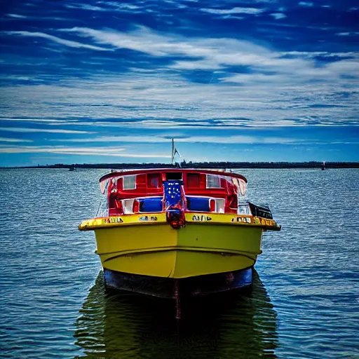 Prompt: a fifty foot boat on lake erie off presque isle, by willian santiago, intricate, detailed, sharp focus, lively colors, portrait