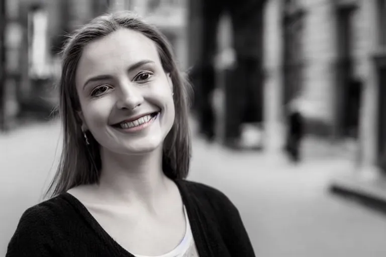 Prompt: still photo of a beautiful british woman smiling at the camera on the street, black and white color aesthetic, highly detailed, photorealistic portrait, bright studio setting, studio lighting, crisp quality and light reflections, unreal engine 5 quality render