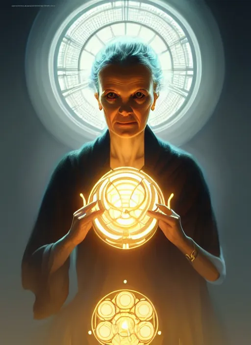 Image similar to symmetry!! portrait of marie curie female, sci - fi, glowing lights!! intricate, elegant, highly detailed, digital painting, artstation, concept art, smooth, sharp focus, illustration, art by artgerm and greg rutkowski and alphonse mucha, 8 k