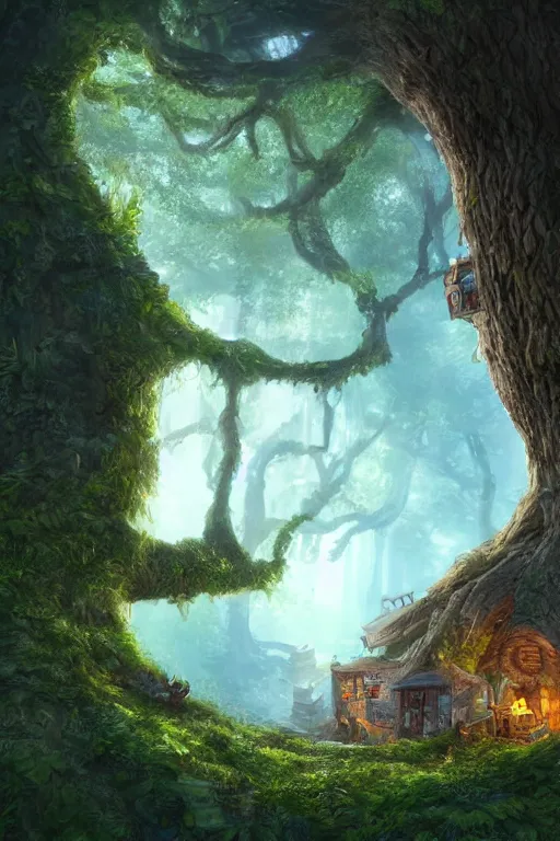 Prompt: a miniature city built into the trunk of a single colossal tree in the forest, with tiny people, in the style of tyler edlin, lit windows, small figure looking out in the foreground, close - up, low angle, wide angle, awe - inspiring, highly detailed digital art