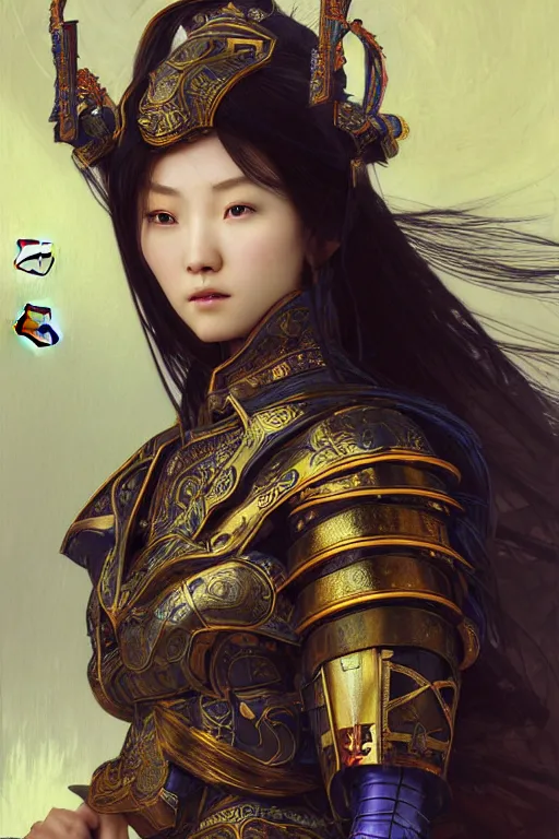 Image similar to beautiful and luxury and holy and elite and colorlpunk young three kingdom chinese female armor knight portrait +shinnyy eyes+front face with light flowing hair, ultradetail face, art and illustration by tian zi and craig mullins and WLOP and alphonse mucha, fantasy, intricate complexity, human structure, human anatomy, fantasy character concept, watermark, blurry, hyperrealism 8k