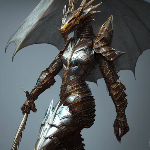 Image similar to highly detailed realistic stunning shot of a beautiful anthropomorphic female dragon knight, doing a majestic and elegant pose, armor made of steel, sharp claws and tail, HD octane render, epic cinematography, Artstation, Deviantart, Furaffinity