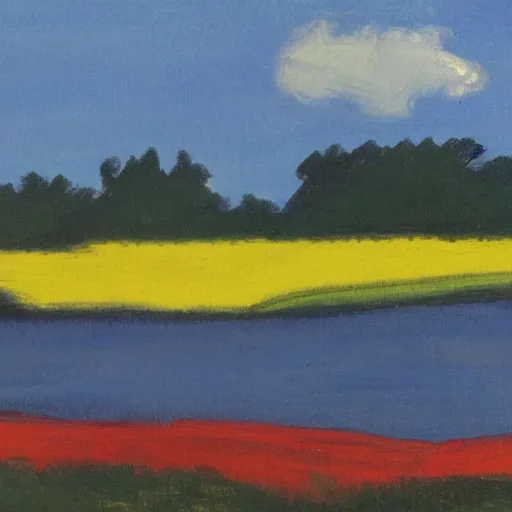 Image similar to Tonalist landscape, pastoral scene. Ultramarine blue, napthol red, and lemon yellow.