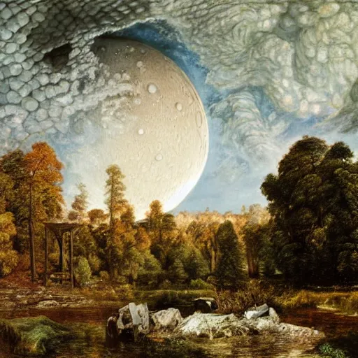 Prompt: the devouring moon, 4 d, cracks, distortion, by ivan shishkin, by john constable, by laurie lipton, by tony diterlizzi, by weta digital