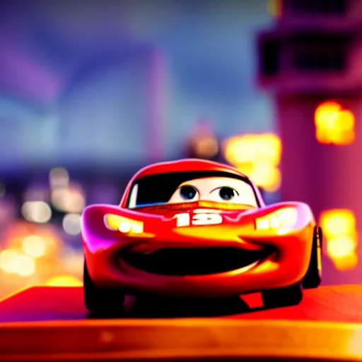 Prompt: vin diesel riding on top on a roof of lightning mcqueen, cinematic, bokeh, blur, action