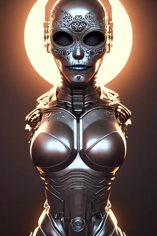 Image similar to ultra detailed Female Android, scifi, fantasy, octane render, (dia de los muertos), intricate details, asymmetrical, movie still, concept art, smooth, Unreal Engine 5, Photorealism, 8k, cinema 4d, 3D, art by artgerm and Godmachine and michael welan and DZO and greg rutkowski and alphonse mucha and loish and WLOP
