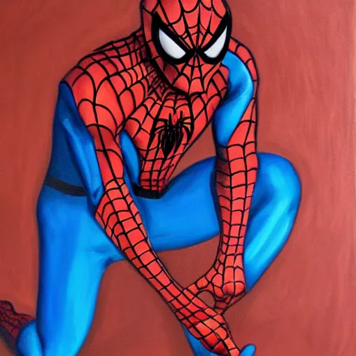 Image similar to spiderman kneels, praying to spider god, oil painting