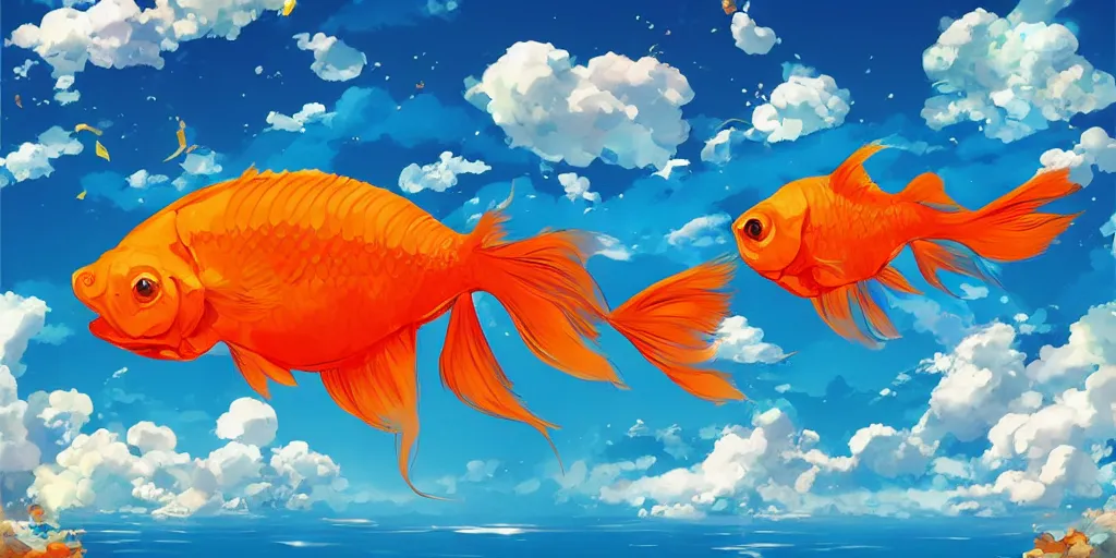 Prompt: giant goldfish swimming through the big puffy clouds, large polygonal background elements, large polygons, dramatic anime, dramatic lighting, artgerm, manga, trending on artstation, art nouveau, mature colors