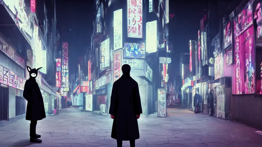 Prompt: a man wearing a black trench coat and black rabbit mask standing outside a night club, anime film still from the movie directed by Denis Villeneuve with art direction by Junji Ito, wide lens