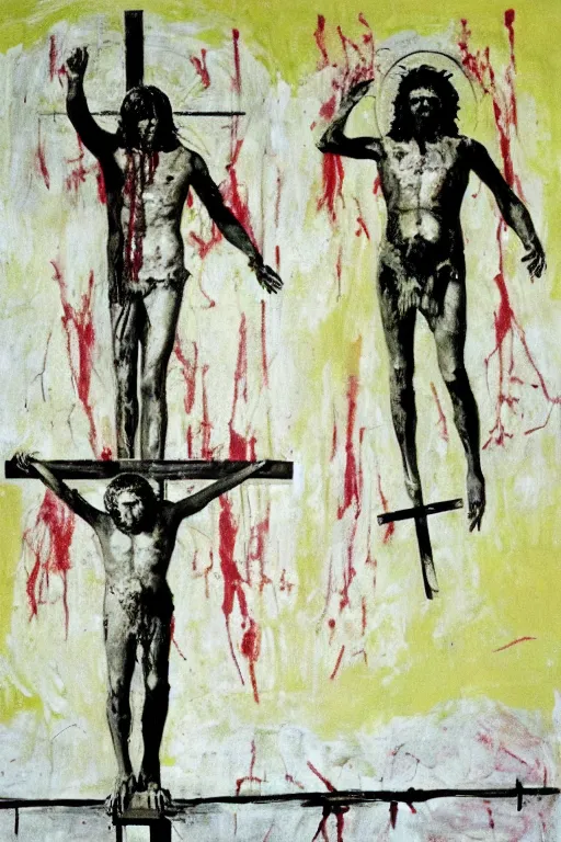 Image similar to bloody christ crucified and some bright ufo in the sky painted by cy twombly and andy warhol