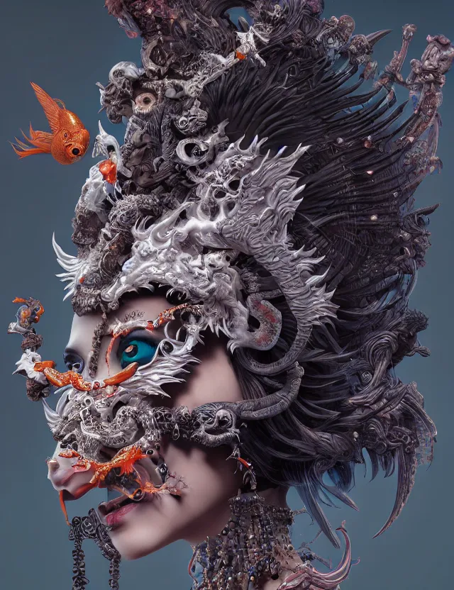 Image similar to 3 d goddess of hell close - up profile portrait with ram skull. beautiful intricately detailed japanese crow kitsune mask and clasical japanese kimono. betta fish, jellyfish phoenix, bio luminescent, plasma, ice, water, wind, creature, artwork by tooth wu and wlop and beeple and greg rutkowski