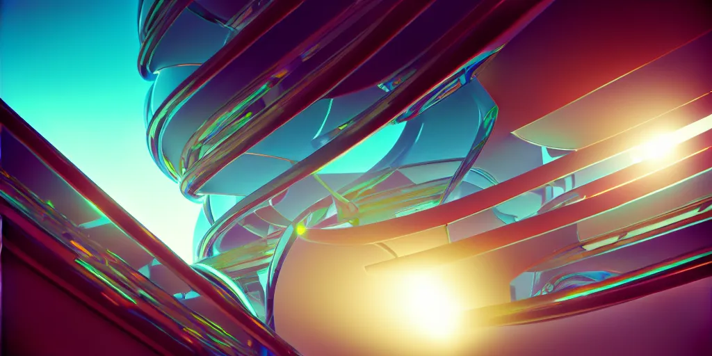 Image similar to hyperrealism photo abstract macrofuturism by mc escher, octane render, soft, si - fi, trending on artstation, 8 k render, unreal engine, macro shot lens flare, pastel colours, macro detail