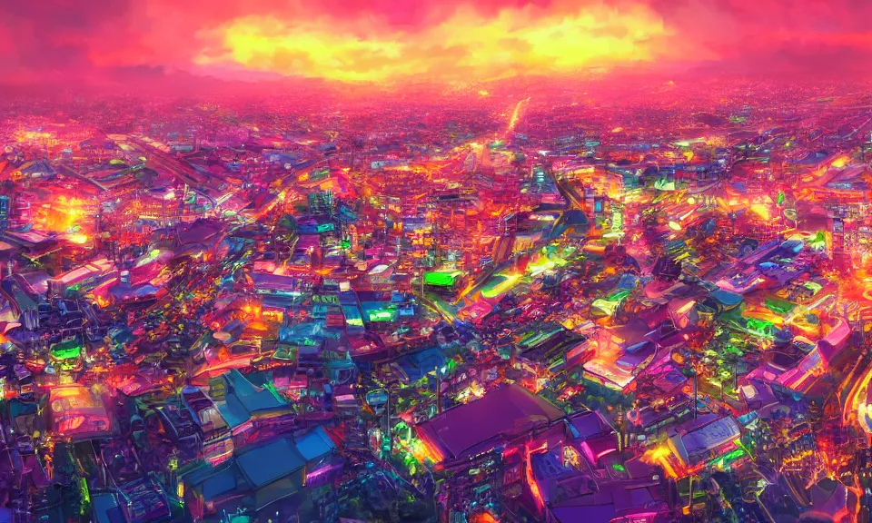 Image similar to a colorful glowing heavenly japanese city, sunset, moist, pastel, artstation, digital art.