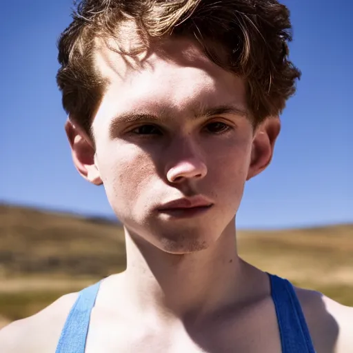 Image similar to Portrait of a 21 yo boy with natural brown hair, smooth pale skin. A Fischer net tank top. Blue sky.