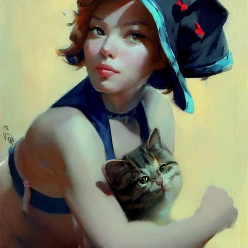 Image similar to greg manchess painting of of a cute cat, painting, trending on artstation, by huang guangjian and gil elvgren and sachin teng