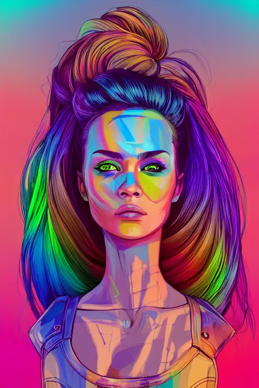 Image similar to a award winning half body portrait of a beautiful woman with stunning eyes in a printed croptop and cargo pants with rainbow colored ombre hairstyle head in motion and hair flying by josan gonzales, outrun, vaporware, shaded flat illustration, digital art, trending on artstation, highly detailed, fine detail, intricate