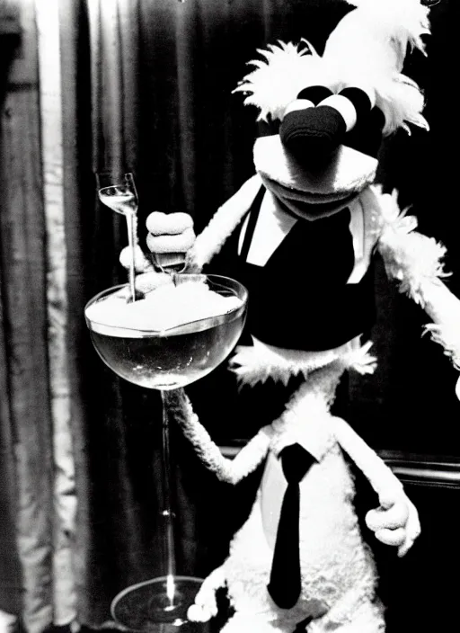 Prompt: a black and white photograph of gonzo the muppet at a speakeasy, from 1 9 3 5