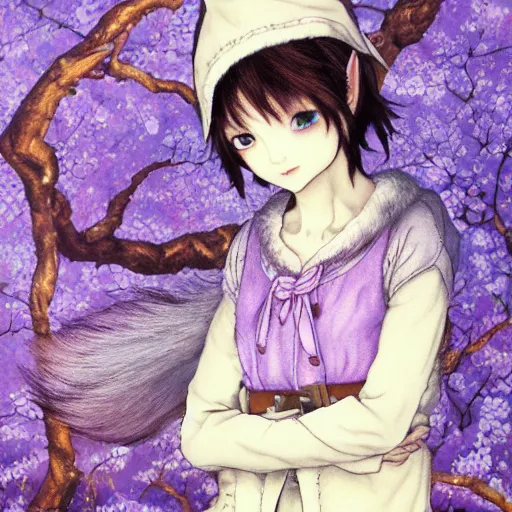 Prompt: little elf tomboy, tunic, soft hair. light color palate, purple, yellow and white. detailed soft painting, ayami kojima, made in abyss, anatomically correct, inspired in balthus