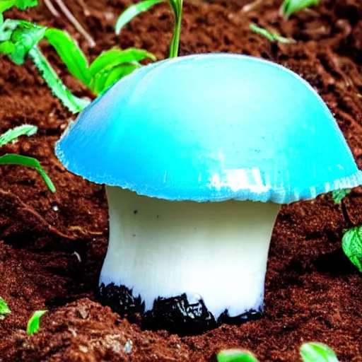 Prompt: a gelatinous blue jello mushroom growing out of the ground