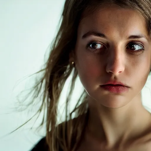 Prompt: photographic Close-up face of a extremely beautiful girl with clear eyes and light brown hair , high light on the left, non-illuminated backdrop, illuminated by a dramatic light, Low key lighting, High contrast, dramatic , norman rockwell, craig mulins ,dark background, high quality,photo-realistic,85mm, F1.4,bokeh effect, 8K,-H 704