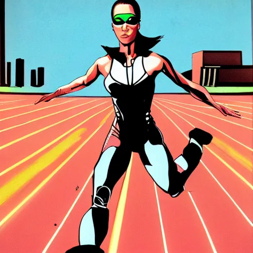 Image similar to Trinity the matrix, Female sprinter in athletic attire with cyborg legs, metal body, diesel punk, athletic footage, 1980's, olympics, cinematic, art deco