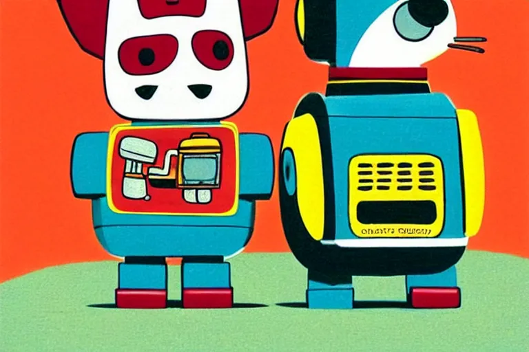 Image similar to ( ( ( ( ( ( ( a robot and a dog ) ) ) ) ) ) ) by richard scarry!!!!!!!!!!!!!! muted colors