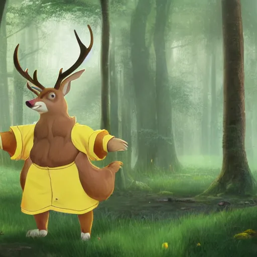 Prompt: concept art painting of an anthropomorphic elderly chubby doe deer wearing yellow robes, in the deep forest, realistic, detailed, cel shaded, in the style of makoto shinkai and greg rutkowski and james gurney