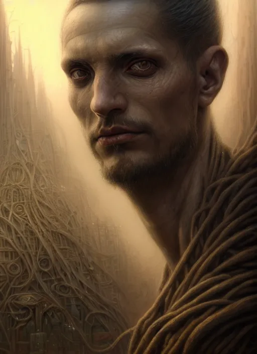 Prompt: closeup portrait shot of a male necromancer in a scenic dystopian environment, intricate, elegant, highly detailed, centered, digital painting, artstation, concept art, smooth, sharp focus, illustration, artgerm, tomasz alen kopera, peter mohrbacher, donato giancola, joseph christian leyendecker, wlop, boris vallejo