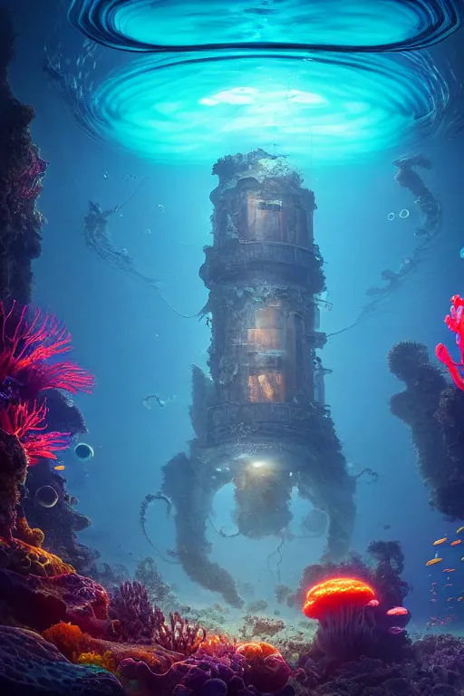 Image similar to high quality photo of cinematic underwater dystopian cyber - rococo city ruins with giant bioluminescent colorful mutant plants and cyborg jellyfish, digital art masterpiece, aykut aydogdu eric zener, dramatic volumetric light, extreme long shot, ground angle uhd 8 k, sharp focus