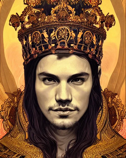 Image similar to symmetrical, centered, young and handsome god close - up portrait wigh crown made of skulls. artwork by tooth wu and wlop and alena aenami and alphonse mucha, brian froud, pablo amaringo