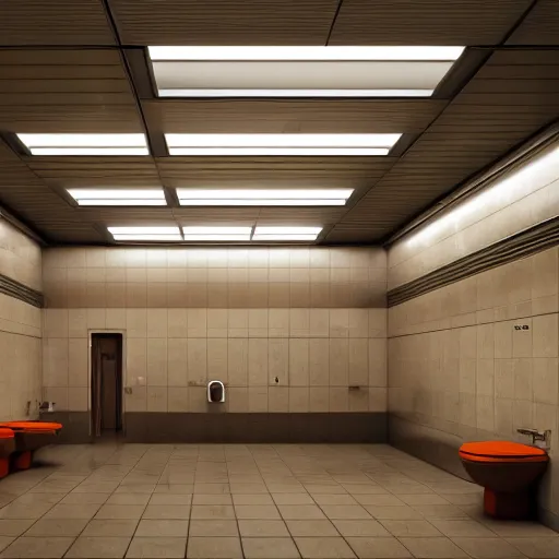 Image similar to Interior of a large public restroom, beautiful dynamic lighting, cinematic, wide angle establishing shot, extremely high detail, photo realistic, cinematic lighting, post processed, concept art, artstation, matte painting, style by eddie mendoza, raphael lacoste, alex ross, volumetric lighting, light rays, photorealistic, ultrarealistic, moody, coronarender, 8k