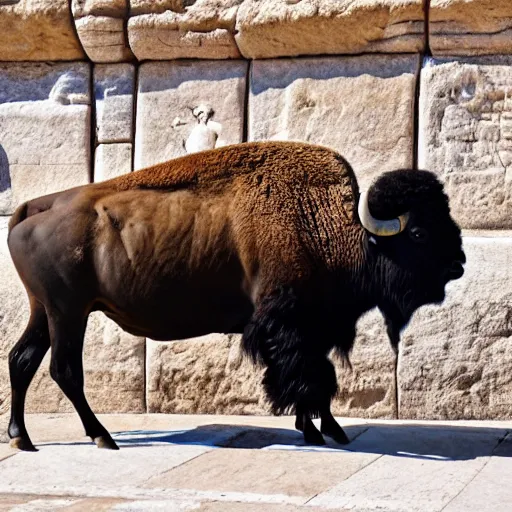 Image similar to photo of a bison, at the Wailing Wall in Jerusalem, religious people, crowds, 50mm, beautiful photo