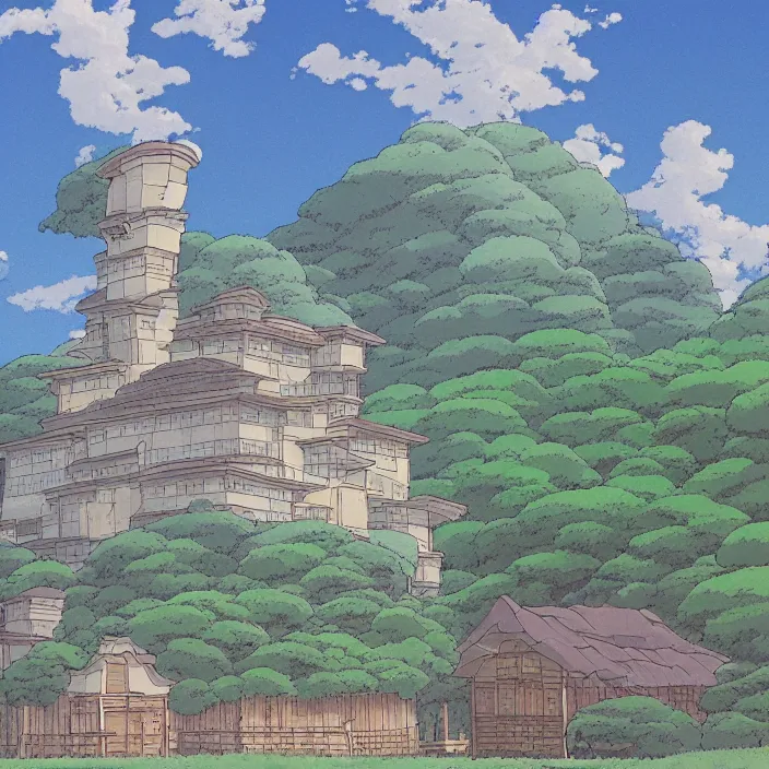 Prompt: a building in a serene landscape, by studio ghibli