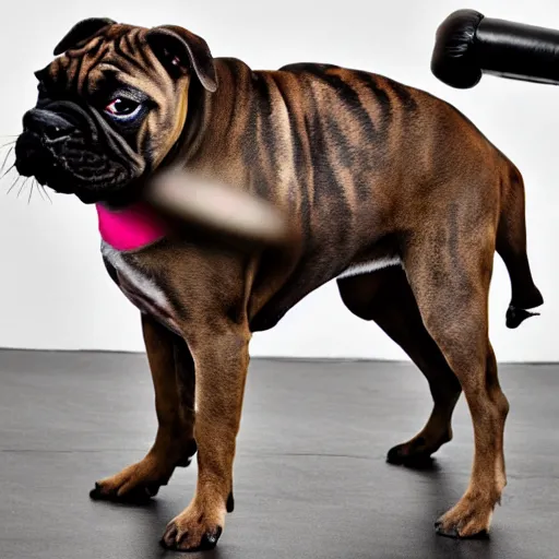 Prompt: brindle bullmastiff puppy boxing, punching heavy bag
