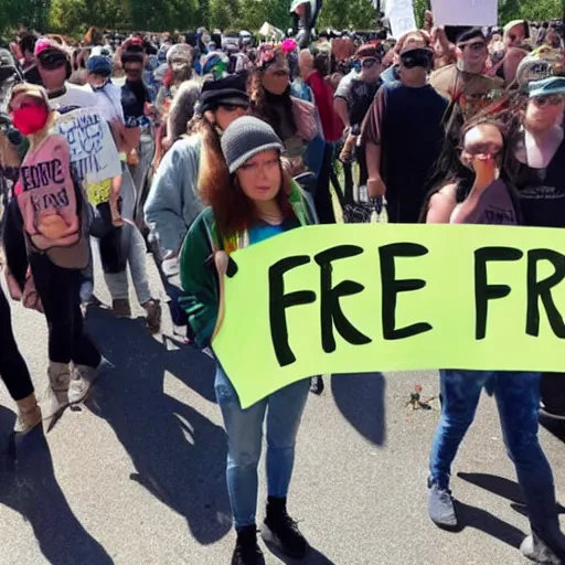 Image similar to protesters holding a sign that says free hat