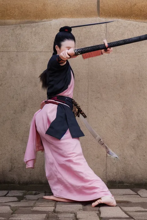 Image similar to highly detailed beautiful photo of a young female samurai, practising sword stances in a ancient temple, symmetrical face, beautiful eyes, realistic anime art style, 8 k, award winning photo, pastels colours, action photography, 1 / 1 2 5 shutter speed, sunrise lighting