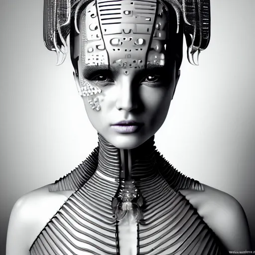 Image similar to closeup portrait of an absurdly beautiful, graceful, sophisticated, fashionable cyberpunk mechanoid gravure idol, an ultrafine hyperdetailed illustration by irakli nadar, matt wisniewski style, fashion photography, intricate linework, porcelain skin, jellyfish headdress, unreal engine 5 highly rendered, global illumination, radiant light, detailed and intricate environment