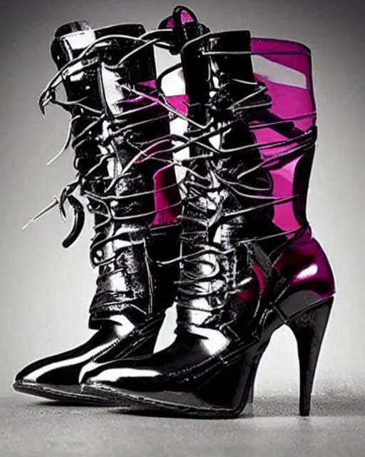 Image similar to stylish shoe design,One pair of shoes, killer boots, scorpions, spiders, high soles, battle shoes, metal, heavy metal rave shoes